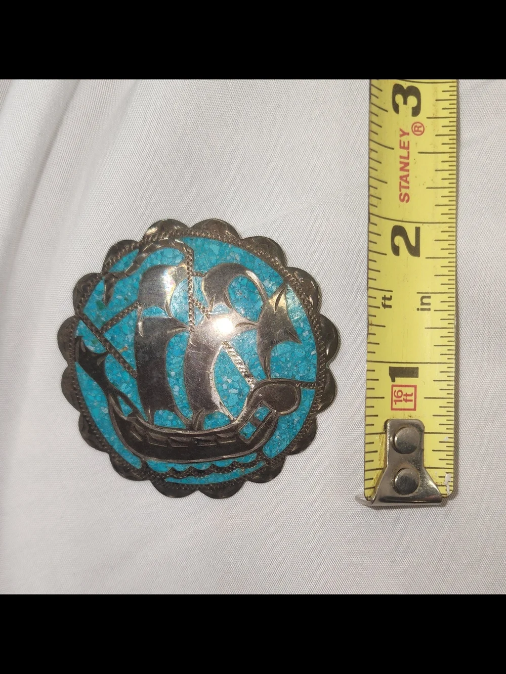 Turquoise Inlay Ship Pin/Pendant, Signed, Vintage
